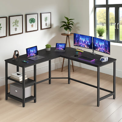 L Shaped Corner Computer Desk with Storage Shelves for Home Office in Ebony Black by Vasagle