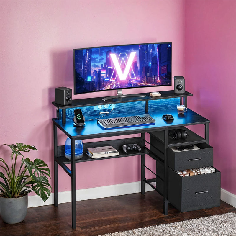 Gaming Desk with LED Lights Power Outlets Monitor Shelf and Fabric Drawers by Vasagle 120 x 55 x 90cm