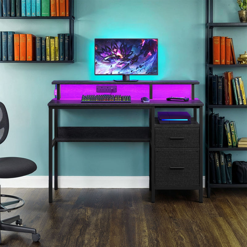 Gaming Desk with LED Lights Power Outlets Monitor Shelf and Fabric Drawers by Vasagle 120 x 55 x 90cm