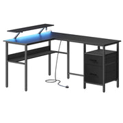 Black L shaped Corner Office Desk With Built In Power Outlets Storage and Spacious Work Surface by Vasagle