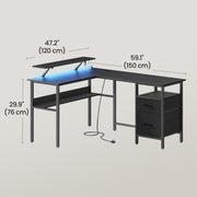 Black L shaped Corner Office Desk With Built In Power Outlets Storage and Spacious Work Surface by Vasagle