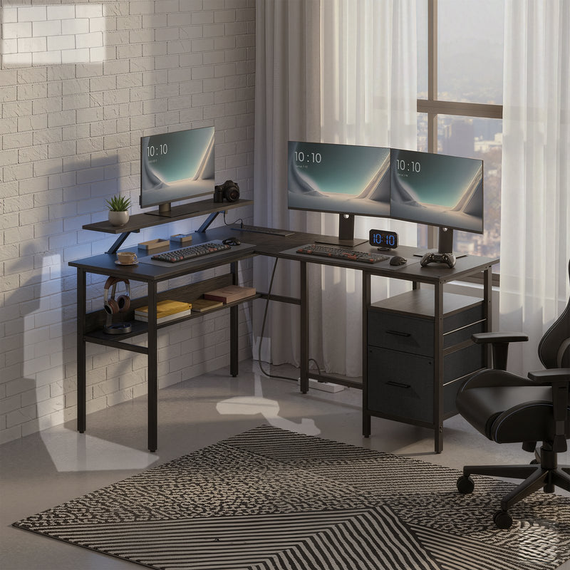 Black L shaped Corner Office Desk With Built In Power Outlets Storage and Spacious Work Surface by Vasagle