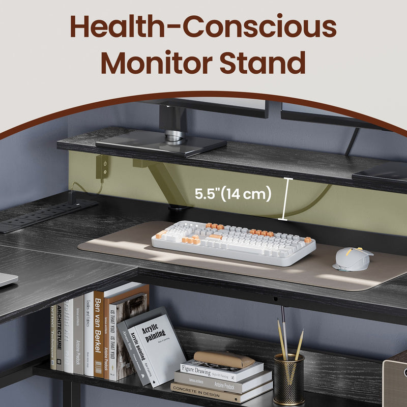Black L shaped Corner Office Desk With Built In Power Outlets Storage and Spacious Work Surface by Vasagle