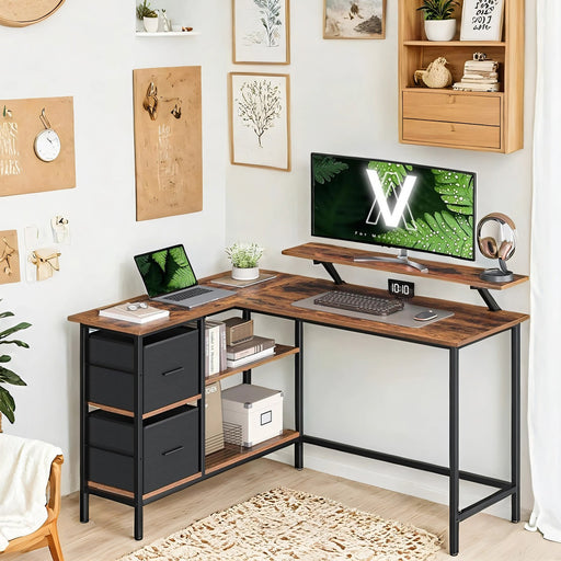 L Shaped Gaming Desk with Monitor Stand Drawers and Adjustable Shelf by Vasagle