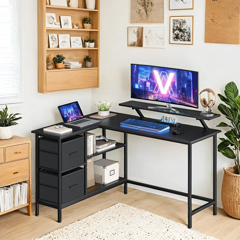 L Shaped Gaming Desk with Monitor Stand Drawers and Adjustable Shelf by Vasagle