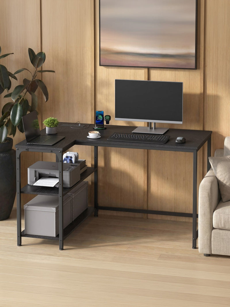 L-Shaped Corner Computer Desk with Storage Shelves and Power Outlets by Vasagle