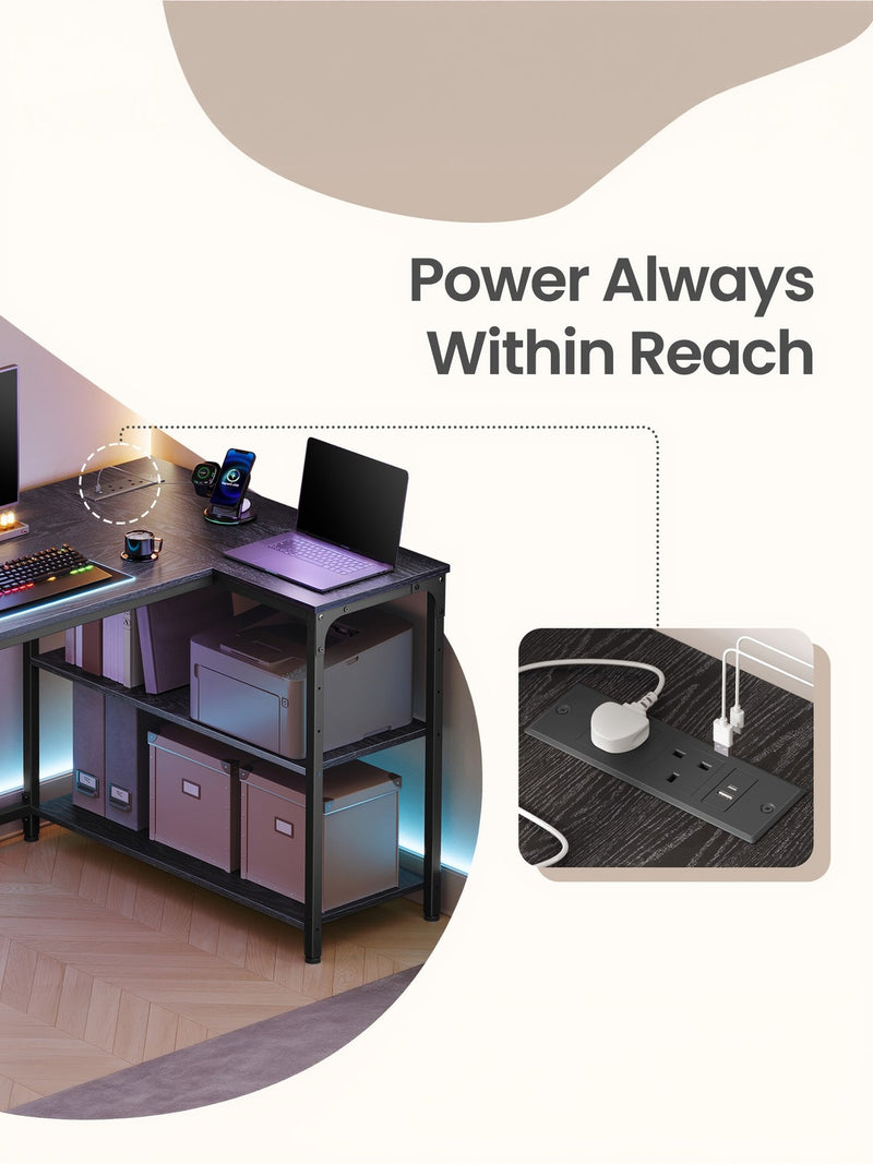 L-Shaped Corner Computer Desk with Storage Shelves and Power Outlets by Vasagle