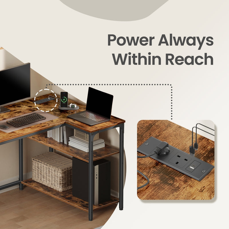 L-Shaped Corner Computer Desk with Power Outlets and Storage Shelves by Vasagle VASAGLE