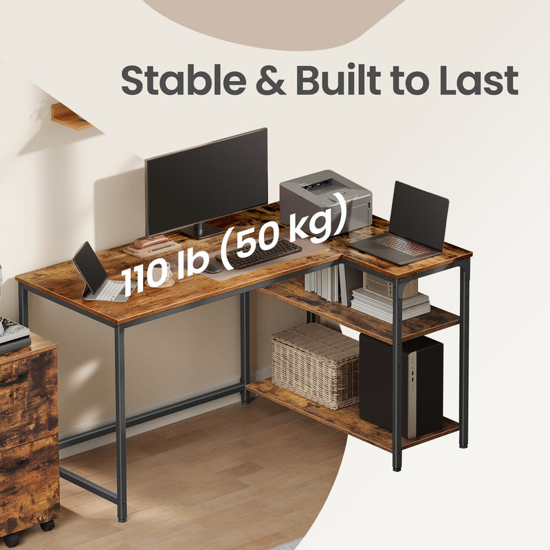 Corner Computer Desk with Adjustable Storage Shelves, L Shaped Gaming Table for Office VASAGLE