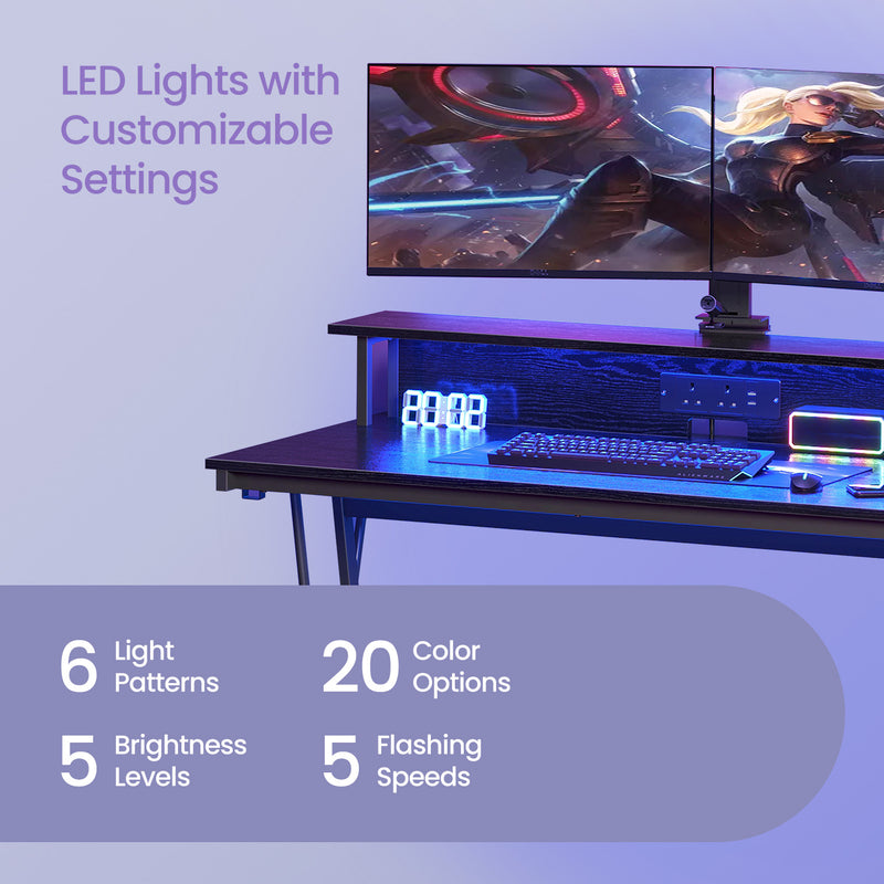 Gaming Computer Desk with Power Outlets LED Lights and Monitor Shelf by Vasagle