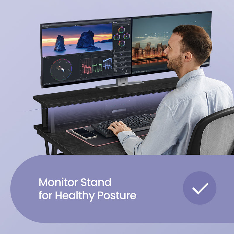 Gaming Computer Desk with Power Outlets LED Lights and Monitor Shelf by Vasagle