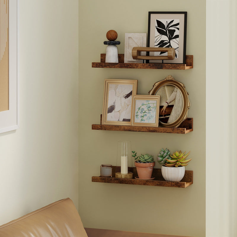 Set of 3 Wooden Floating Wall Shelves with Raised Edges for Storage and Display by Vasagle VASAGLE