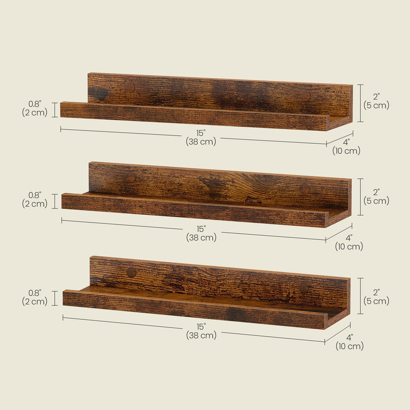 Set of 3 Wooden Floating Wall Shelves with Raised Edges for Storage and Display by Vasagle VASAGLE