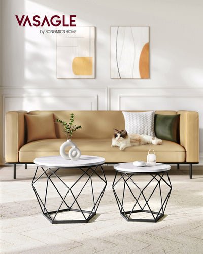 Set of 2 Round Coffee Tables in Cloud White and Ink Black for Living Room by Vasagle