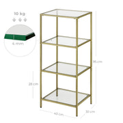Gold 4 Tier Glass Bookcase with Steel Frame for Living Room or Study by Vasagle