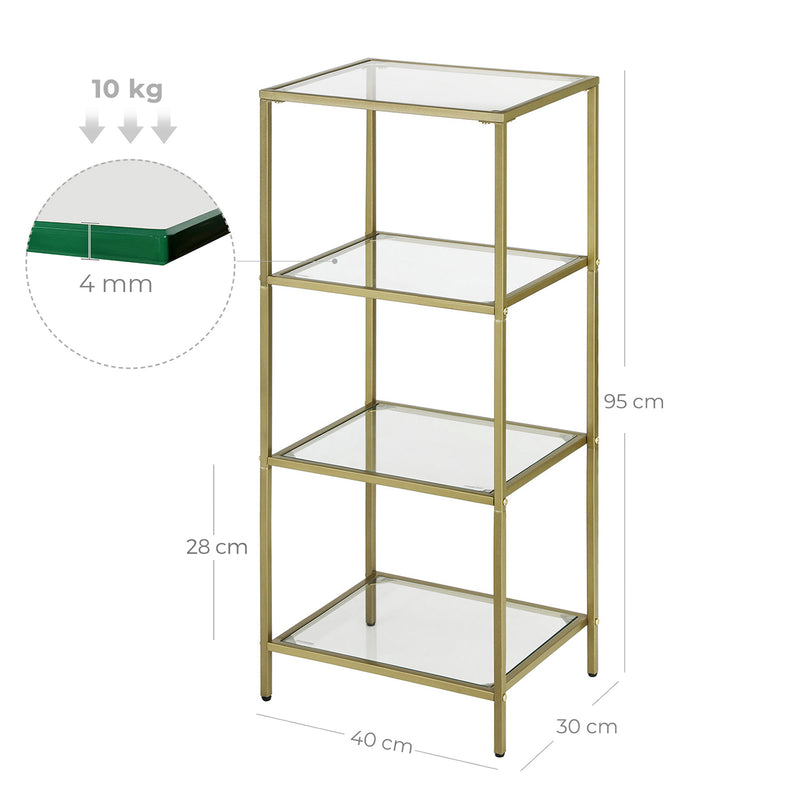 Gold 4 Tier Glass Bookcase with Steel Frame for Living Room or Study by Vasagle