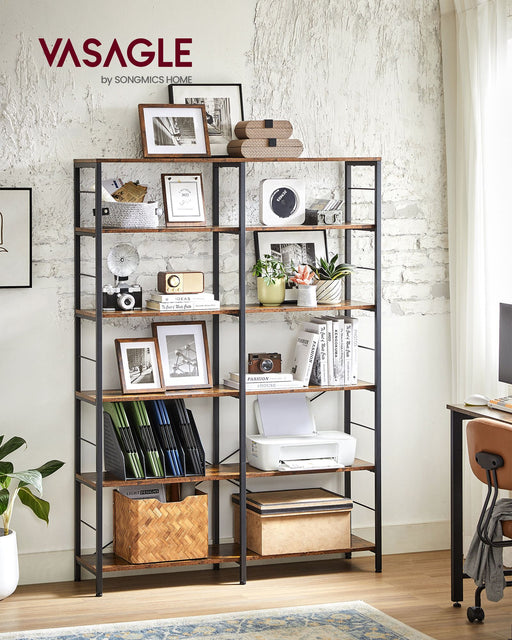 6 Tier Industrial Bookshelf Rustic Brown and Black with Open Shelves for Home Office by Vasagle