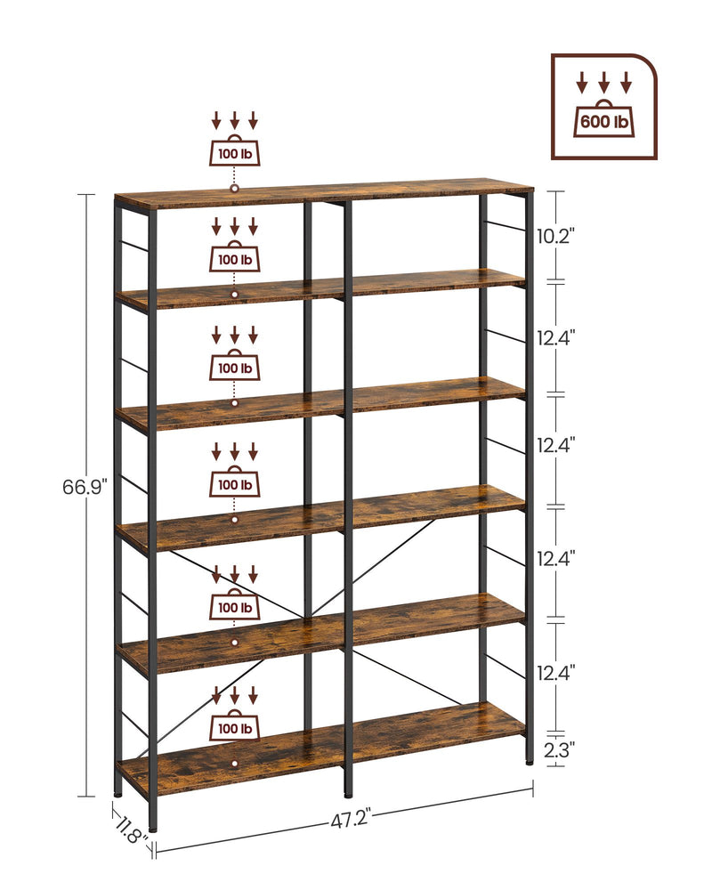 6 Tier Industrial Bookshelf Rustic Brown and Black with Open Shelves for Home Office by Vasagle