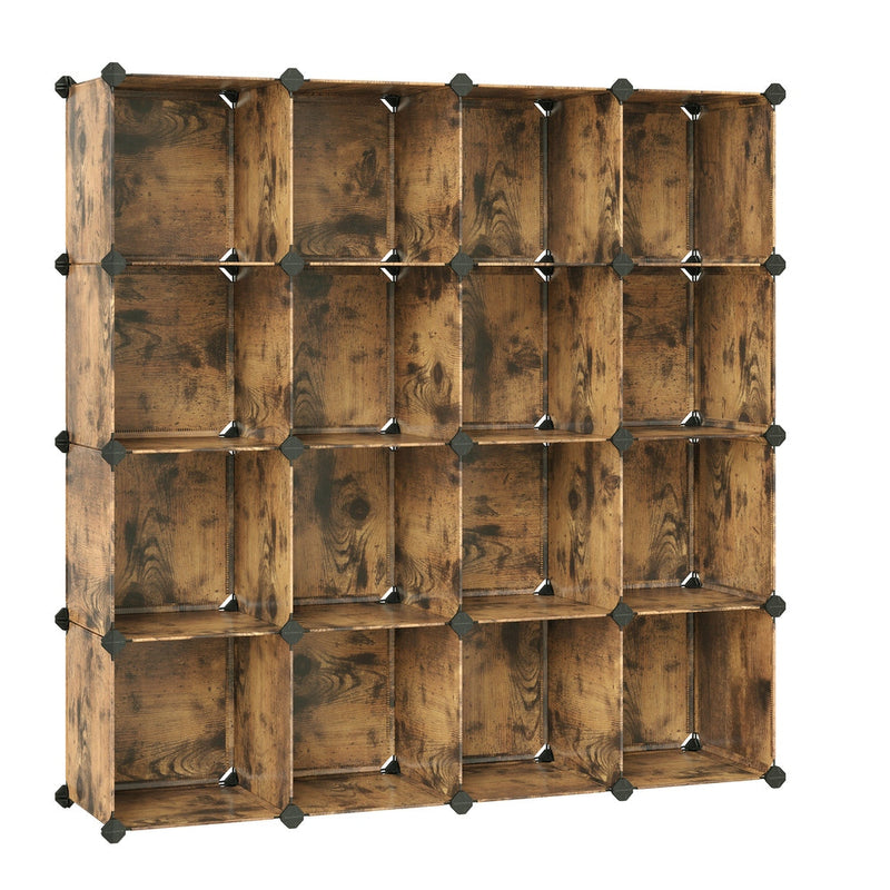 Rustic brown 16-cube plastic storage unit in a 4 by 4 square layout by Songmics