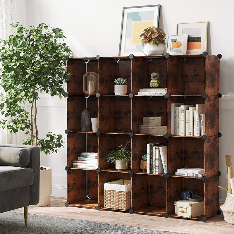 Rustic brown cube storage unit in a living room holding books and plants by Songmics