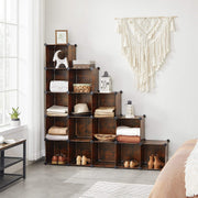 Rustic brown cube unit built as a staircase shape storing shoes and towels by Songmics