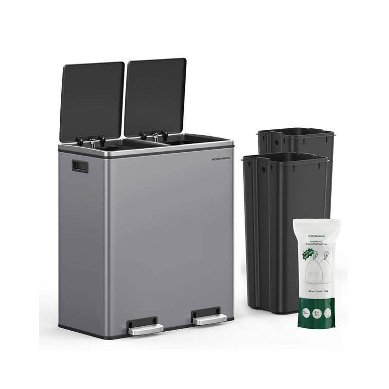Dual Compartment Rubbish Bin 2 x 30L with 15 Bags Slate Grey Space Saving Design by Songmics