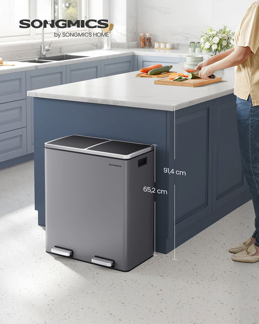 Dual Compartment Rubbish Bin 2 x 30L with 15 Bags Slate Grey Space Saving Design by Songmics