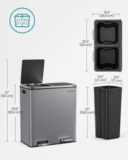 Dual Compartment Rubbish Bin 2 x 30L with 15 Bags Slate Grey Space Saving Design by Songmics