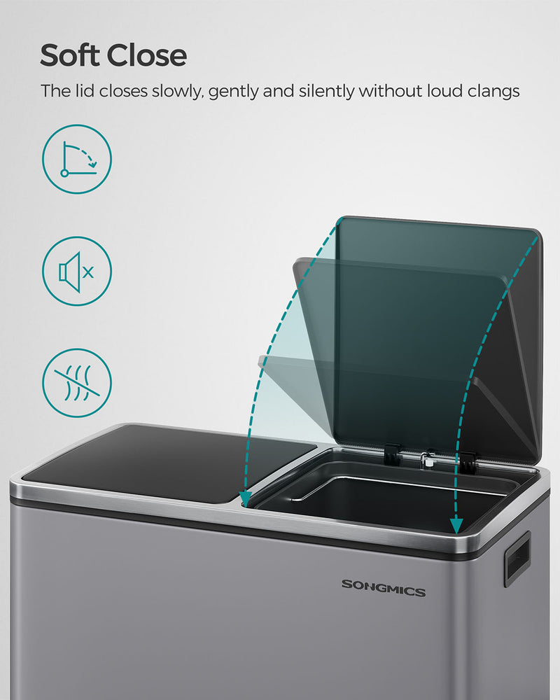 Dual Compartment Rubbish Bin 2 x 30L with 15 Bags Slate Grey Space Saving Design by Songmics