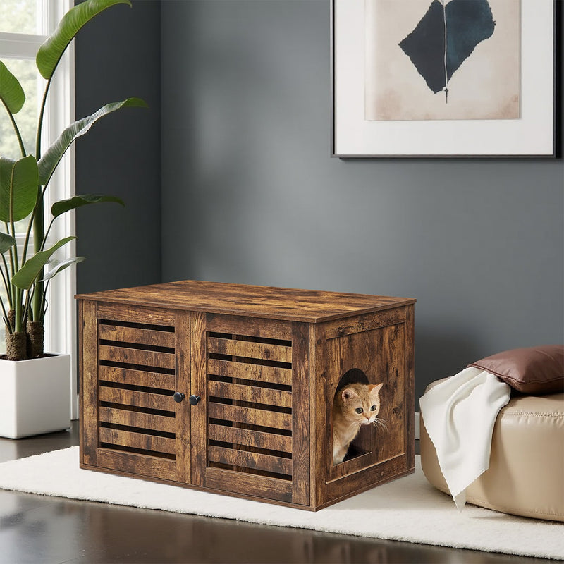 Brown Cat Litter Box Cabinet with Removable Divider and End Table Design by Feandrea