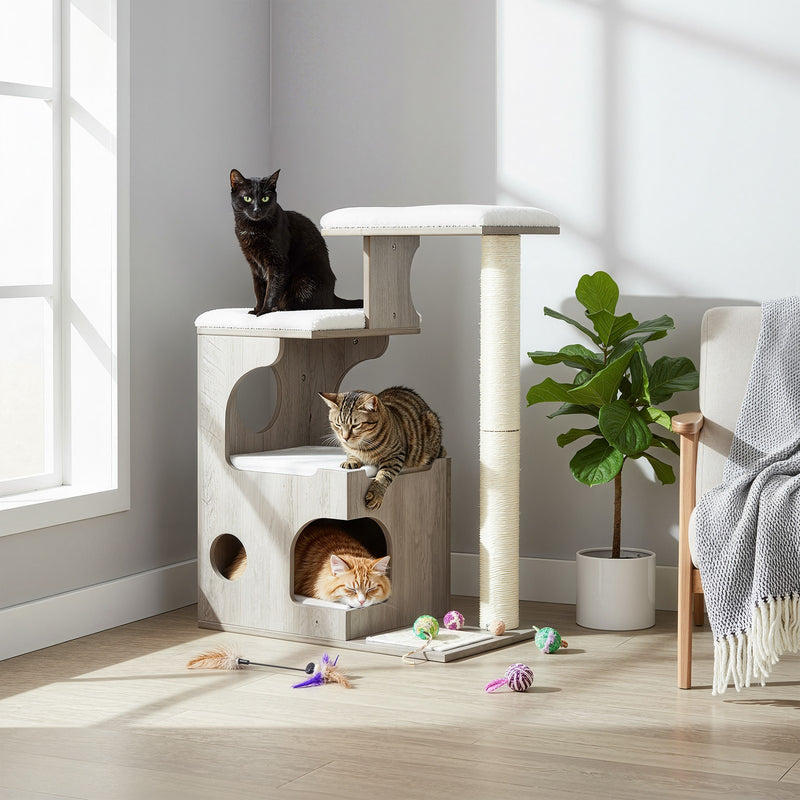 Side view of the Feandrea cat tree showing multiple platforms and dimensions
