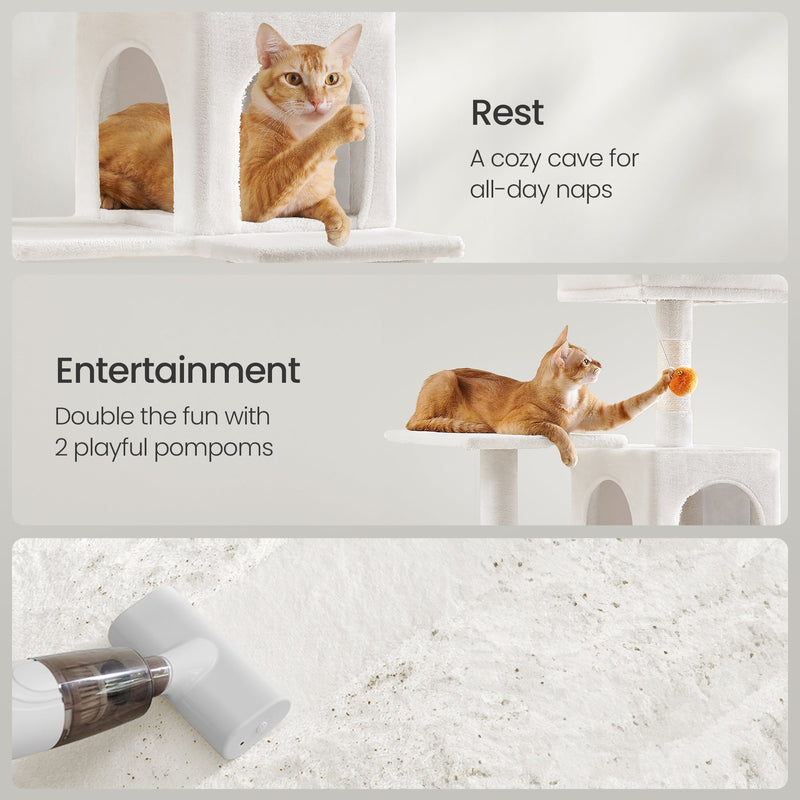 Hanging pompom balls with bells on the cream white cat tree