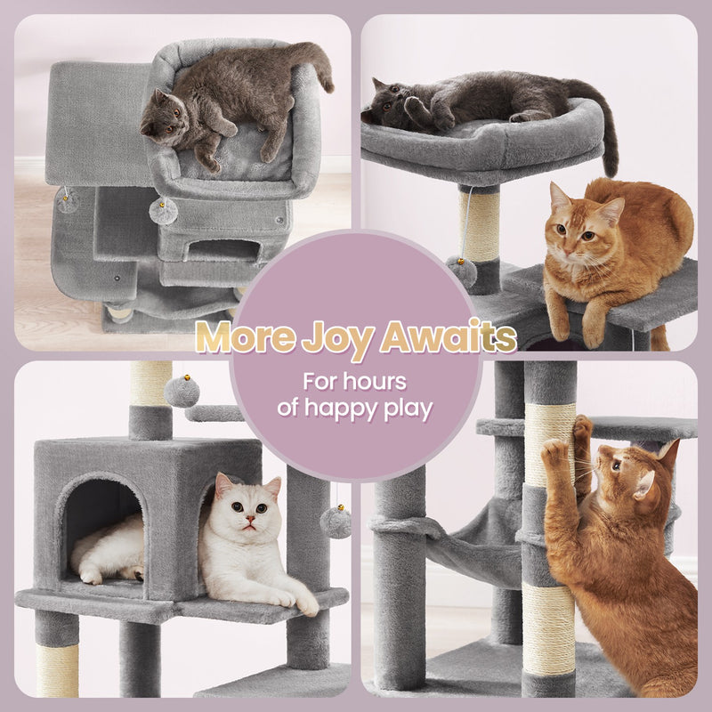 Hanging pompom balls with bells on the cat tree