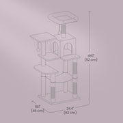 Angled view of the light grey cat tree showing all levels