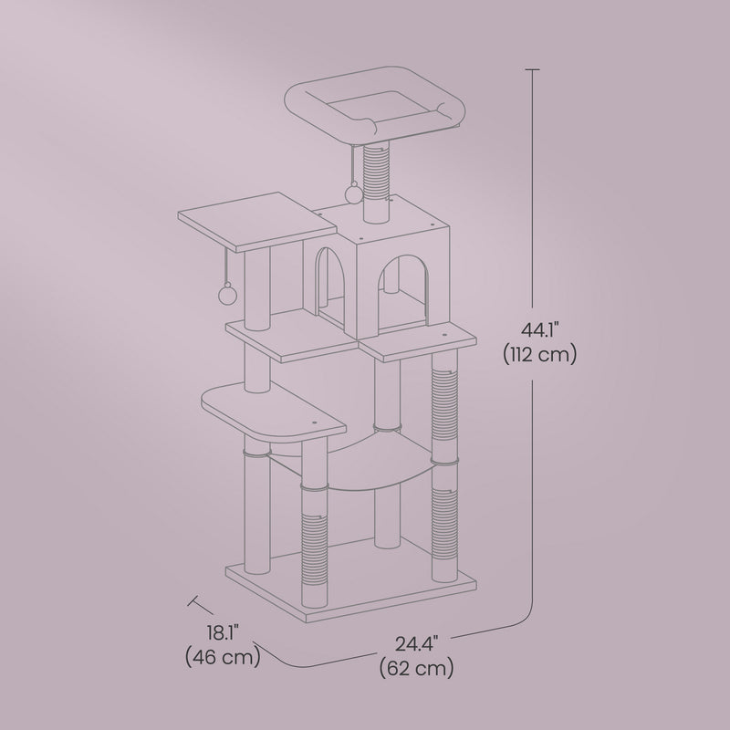 Angled view of the light grey cat tree showing all levels