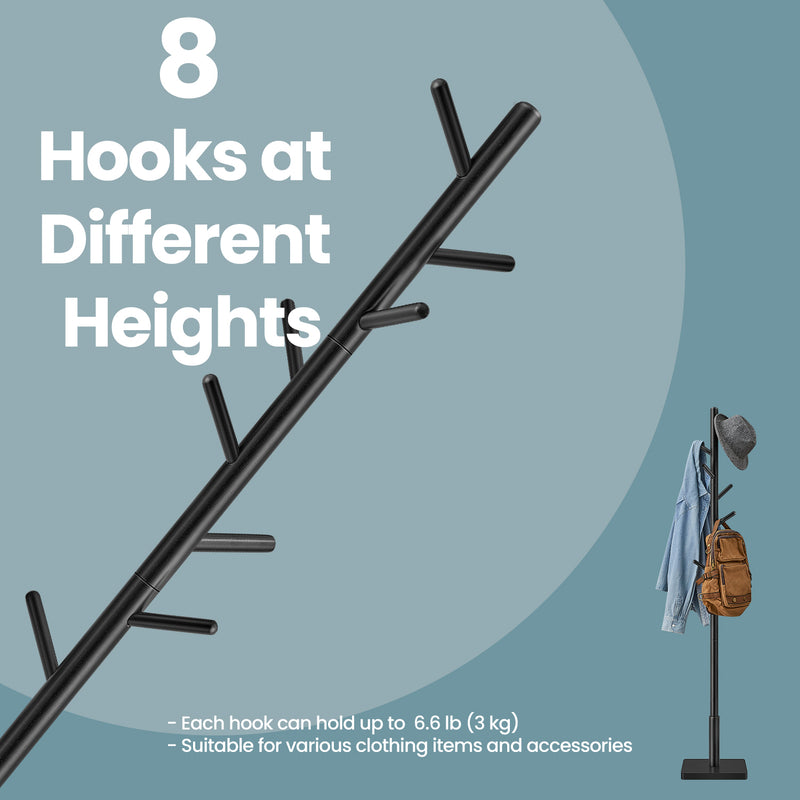 Solid Wood Freestanding Coat Rack with 8 Hooks and Adjustable Height by Vasagle