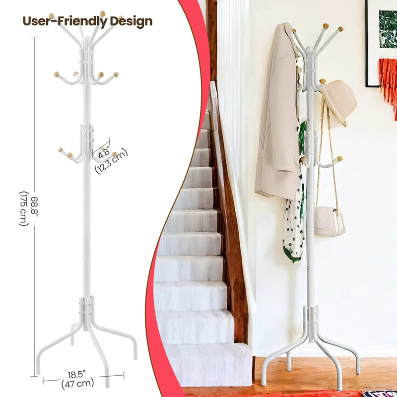 Metal Coat Stand with 12 Hooks and Stable 4 Leg Base for Hallway or Office by Songmics