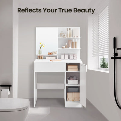 White Dressing Table with Mirror Drawer and Shelves for Bedroom Storage by Vasagle