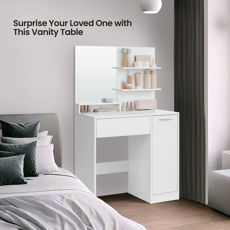 White Dressing Table with Mirror Drawer and Shelves for Bedroom Storage by Vasagle