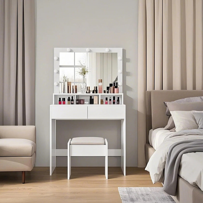 White Vanity Table with Large LED Mirror Adjustable Lights and Storage Drawers by Songmics