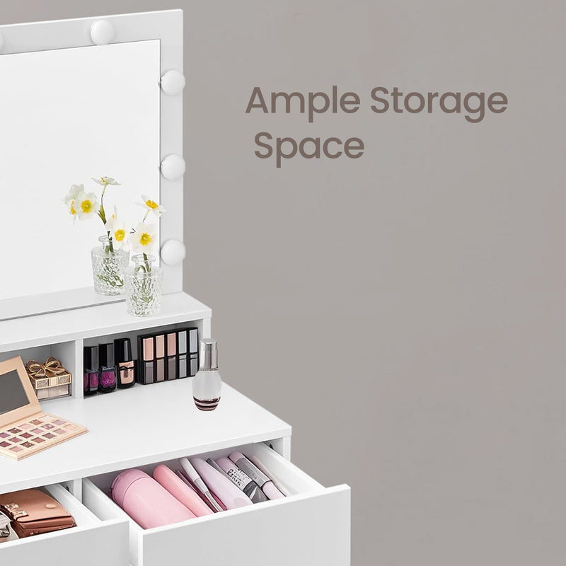 White Vanity Table with Large LED Mirror Adjustable Lights and Storage Drawers by Songmics