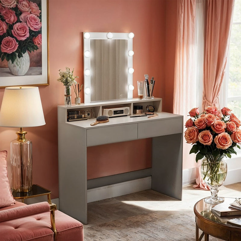 Dressing Table with LED Mirror and Adjustable Brightness for Bedroom or Makeup by Vasagle