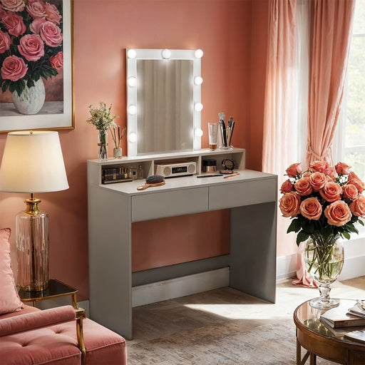 Dressing Table with LED Mirror and Adjustable Brightness for Bedroom or Makeup by Vasagle