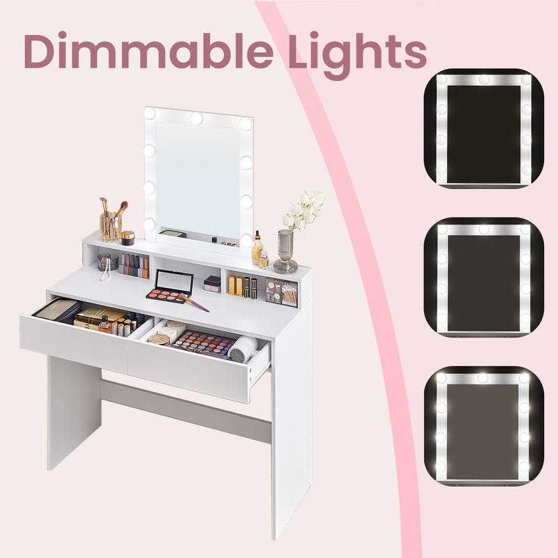 Dressing Table with LED Mirror and Adjustable Brightness for Bedroom or Makeup by Vasagle