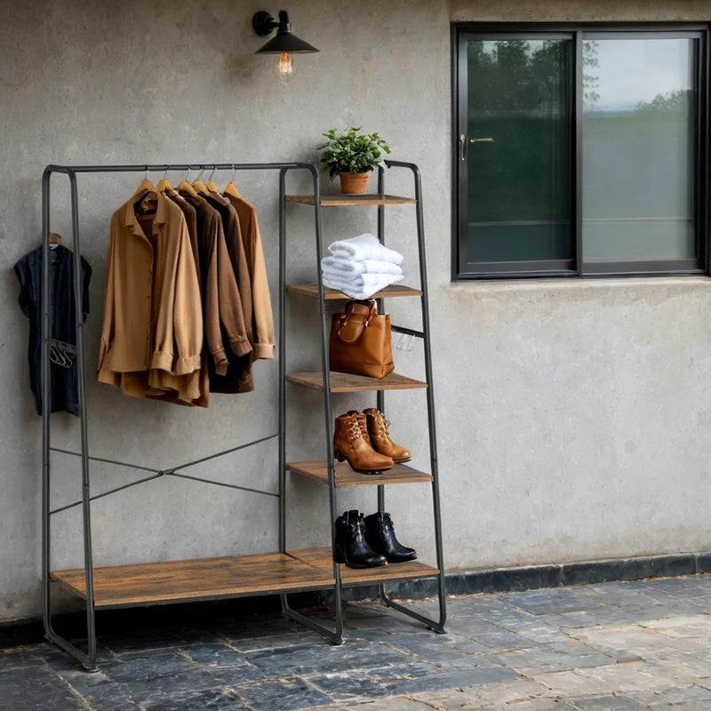Rustic Brown Garment Rack with Shoe Shelf 5 Tiers and 6 Hooks for Bedroom by Vasagle