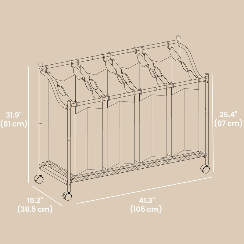 Rolling Laundry Cart with 4 Removable 45L Bags for Bedroom or Bathroom by Songmics