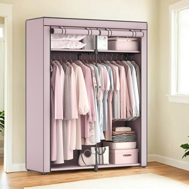 Portable Fabric Wardrobe with Clothes Rail and Dustproof Cover for Bedroom Storage by Songmics