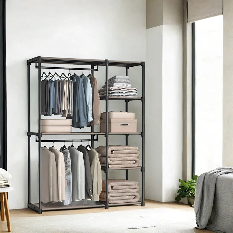 Freestanding Foldable Wardrobe with Clothes Rails and Open Storage in Taupe by Songmics