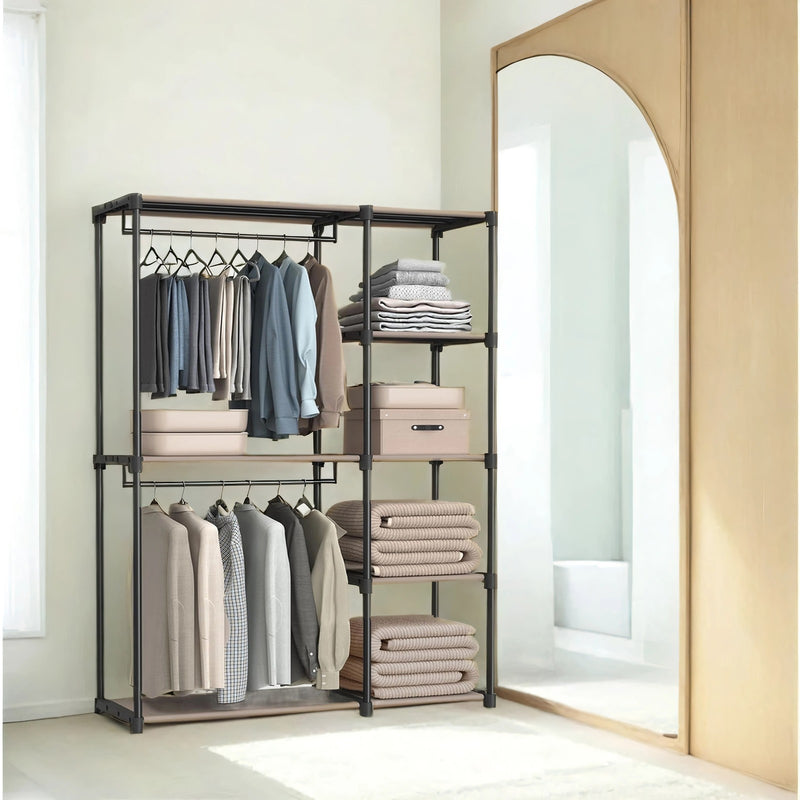 Freestanding Foldable Wardrobe with Clothes Rails and Open Storage in Taupe by Songmics