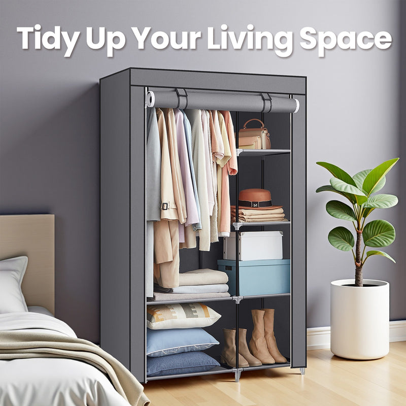 Grey Portable Wardrobe with 6 Shelves and Hanging Rail Non-Woven Fabric by Songmics